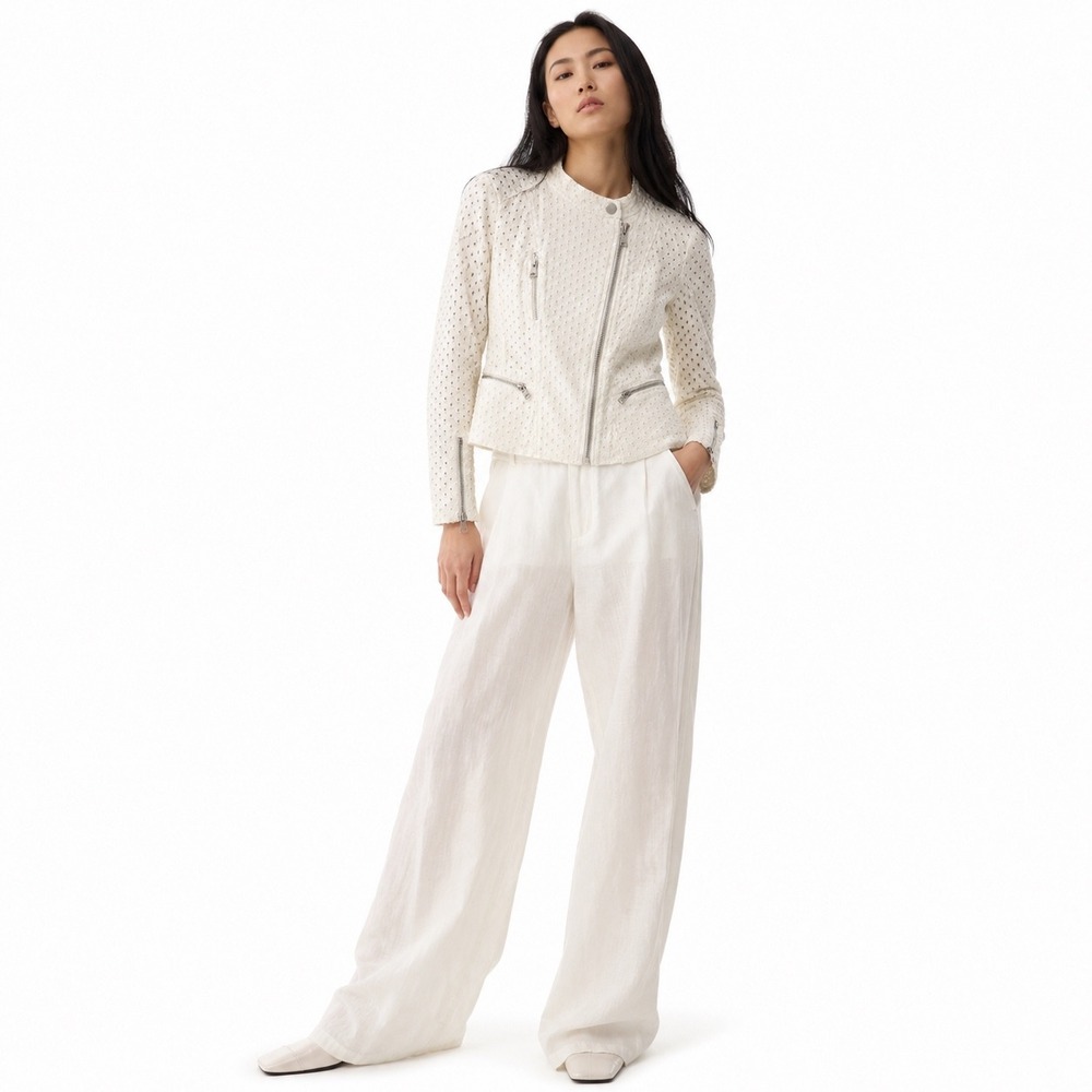 Rebecca Taylor Womens Cotton Eyelet Moto Jacket Ivory White 2 Peplum Hem Luxe